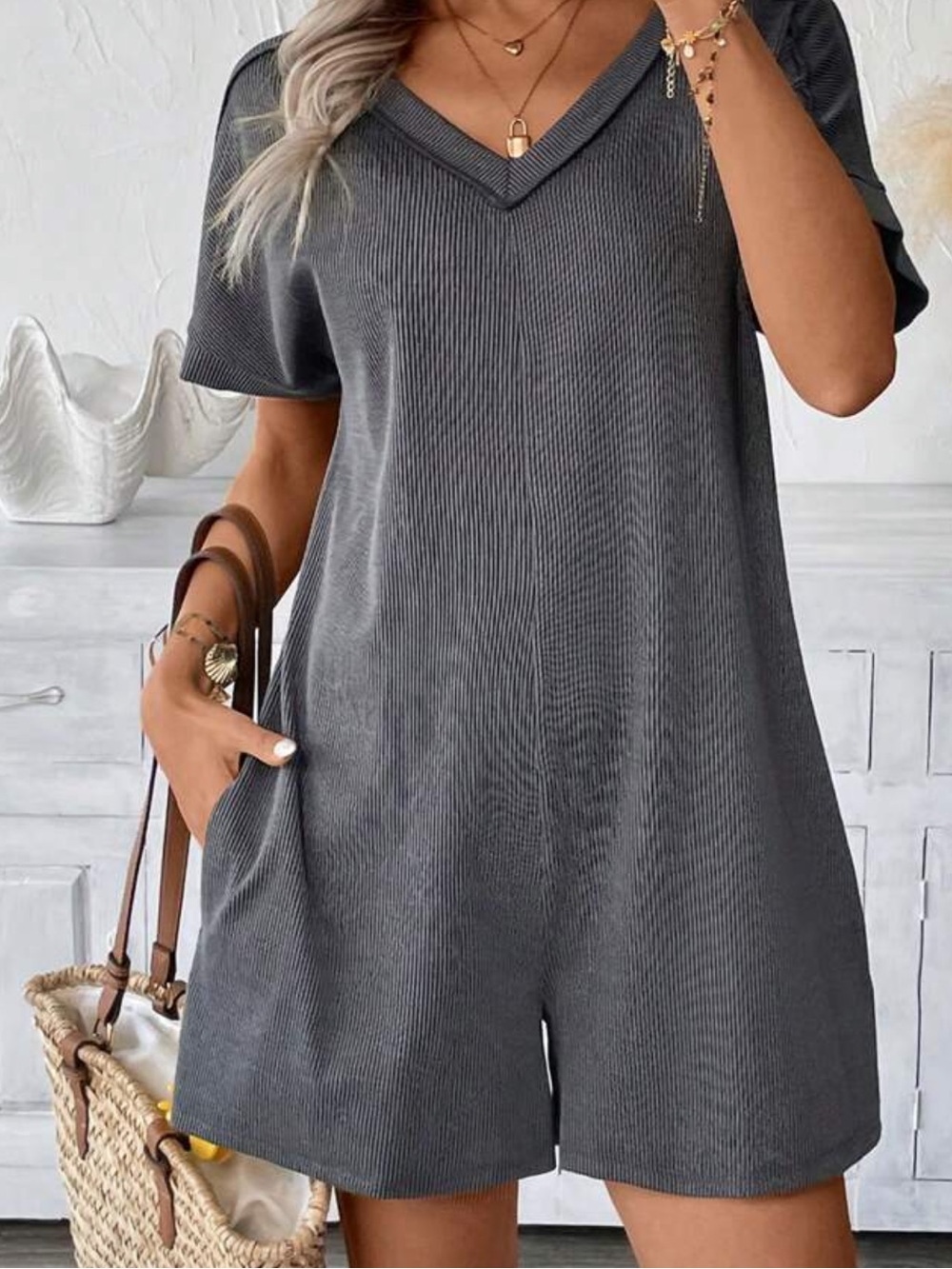 V-Neck Short Sleeve Ribbed Romper in Charcoal Gray